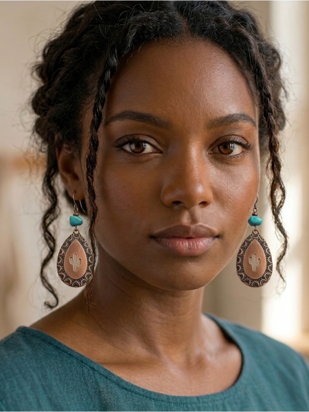 🔥4/$20 Fashion Jewelry Turquoise & Copper Teardrop Cactus Earrings